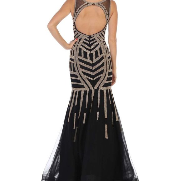 Black & Gold Geometric Rhinestone A-Line Gown - Picture 2 of 8